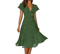 pvucpot Robe Mi - Longue Femme éTé Imprimé Polka Dot Col en V Manches Courtes Robe éLasticité Casual Tunique Pin-Up Robe De SoiréE Chic Et Elegant sous Le Genou Robes pour FêTe ete