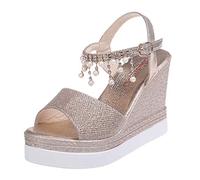 pvucpot Sandales Femmes Mode Compensées Plateformes Cristal Perle Talons Hauts Chaussures