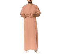 pvucpot Thobe - Caftan islamique à manches courtes en coton et lin avec col rond et patte de fermeture éclair pour homme