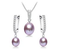 PVUVTNAHW Boucles d'oreilles en perles d'eau douce de 8 à 9 mm, colliers à pendentif de 45 cm, parure de bijoux en argent sterling 925 for femmes(Purple)