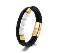 PVUVTNAHW Bracelet à Breloques en Cuir tressé Multicouche for Hommes, Pierre d'oeil de Tigre Vert Paon, Bijoux Simples en Acier Inoxydable(21cm,Gold White)