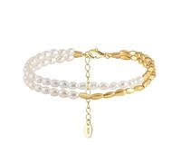 PVUVTNAHW Bracelet Double chaîne en Or 14 carats, moitié Perles Naturelles, moitié Perles, Argent 925, Bijoux for Femmes