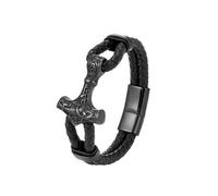 PVUVTNAHW Bracelet Gothique Punk tressé en Cuir Noir for Hommes, avec Pendentif Marteau de Thor, Manchette à Boucle en Acier Inoxydable(23cm,Svart)