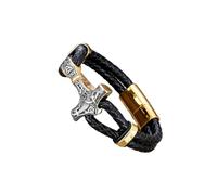 PVUVTNAHW Bracelet Gothique Punk tressé en Cuir Noir for Hommes, avec Pendentif Marteau de Thor, Manchette à Boucle en Acier Inoxydable(21cm,Silver Gold)