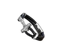 PVUVTNAHW Bracelet Gothique Punk tressé en Cuir Noir for Hommes, avec Pendentif Marteau de Thor, Manchette à Boucle en Acier Inoxydable(23cm,Silver)