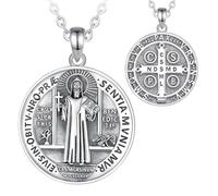 PVUVTNAHW Collier médaille de Saint benoît en argent Sterling 925, pendentif amulette croix de San Benito, bijoux religieux for hommes(With 18inch chain)