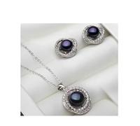 PVUVTNAHW Ensemble collier et boucles d'oreilles en perles naturelles blanches et noires, bijoux en argent sterling 925 for femmes, mariage(Svart)