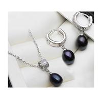 PVUVTNAHW Ensemble collier et boucles d'oreilles en perles naturelles for femme, ensemble de bijoux tendance en argent 925 avec perles(Svart)