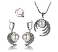 PVUVTNAHW Ensemble de bijoux de mariage for femmes, boucles d'oreilles, colliers et bagues en forme de lune et perles blanches(10)