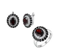 PVUVTNAHW Ensemble de bijoux raffinés en argent sterling 925 avec bague et boucles d'oreilles en grenat noir naturel, idéal for une soirée ou un usage quotidien.(6)