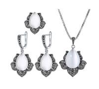 PVUVTNAHW Ensemble de bijoux rétro chic vintage for femme, boucles d'oreilles en opale blanche, pendentif en oxyde de zirconium noir, collier et bague(8)