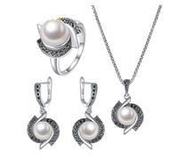 PVUVTNAHW Ensemble de bijoux style cyclone en zircone cubique noire, boucles d'oreilles, collier et bague en perles synthétiques for femme(9)