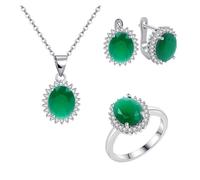PVUVTNAHW Parure de bijoux en argent sterling 925 avec émeraude ovale et zircone 5A, boucles d'oreilles et collier, bijoux raffinés for femmes(Emerald,7)