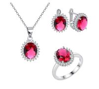 PVUVTNAHW Parure de bijoux en argent sterling 925 avec émeraude ovale et zircone 5A, boucles d'oreilles et collier, bijoux raffinés for femmes(Ruby,8)