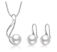 PVUVTNAHW Parure de bijoux en argent sterling 925 avec perles d'eau douce AAAA, collier et boucles d'oreilles, pendentif en perles de 8 à 9 mm(WHITE)