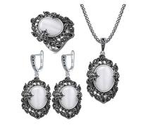 PVUVTNAHW Parure de bijoux en opale for femme, pendentif vintage, collier, boucles d'oreilles, bague, strass noirs, fleur(7)