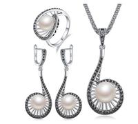 PVUVTNAHW Parure de bijoux en perles for femme, boucles d'oreilles pendantes en perles blanches, long pendentif, collier, bague de luxe(9)