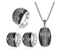 PVUVTNAHW Parure de bijoux en résine époxy for femme, bague, boucles d'oreilles, collier, accessoires vintage, zircone cubique noire géométrique(9)