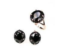 PVUVTNAHW Parure de bijoux en spinelle noire taille ovale 10 x 12 mm, 18,6 ct, pierre précieuse, fermoir, boucles d'oreilles, bague, argent sterling 925(8)