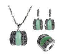 PVUVTNAHW Parure de bijoux for femme couleur argent antique, ensemble bague, collier et boucles d'oreilles en pierre verte géométrique(Light Green,7)