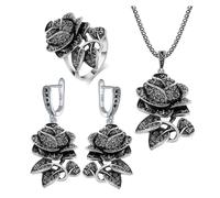 PVUVTNAHW Parure de bijoux vintage en marcassite noire avec collier, boucles d'oreilles et bague, élégante for fête et mariage(7)