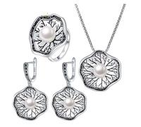 PVUVTNAHW Parures de bijoux en perles et feuilles de lotus for femmes, couleur argent antique, bague épaisse, boucles d'oreilles, collier et pendentif(12)