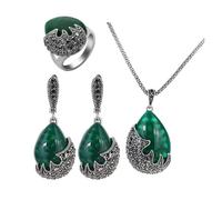 PVUVTNAHW Parures de bijoux vintage en pierre verte goutte d'eau for femmes, boucles d'oreilles, collier et bague en strass noirs(7)