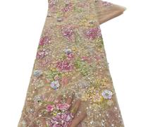 PVUVTNAHW Tissu africain en dentelle à paillettes et perles, 1 yard, motif floral 3D, tulle français brodé, matériel de mariage(XT4642-2)