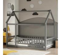 PVWIIK Lit de sol Montessori pour lit simple avec toit et barrière de protection pour chambre de garçons et filles, cadre de lit en bois, assemblage facile, pas besoin de sommier tapissier, gris