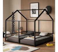 PVWIIK Lit double Montessori avec clôture et toit pour deux enfants, adolescents, garçons et filles, lit jumeau, assemblage facile, pas besoin de sommier tapissier, noir
