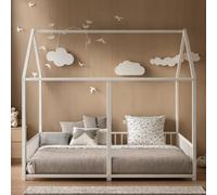 PVWIIK Lit double Montessori avec clôture et toit pour deux enfants, adolescents, garçons et filles, lit jumeau, assemblage facile, pas besoin de sommier tapissier, blanc