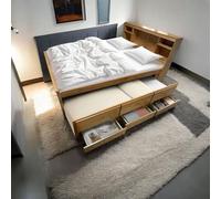 PVWIIK Lit plateforme avec 3 tiroirs et gigogne, cadre de lit capitaine avec tête de lit de rangement, bibliothèque, étagères pour chambre d'enfants et d'adolescents, pas besoin de sommier tapissier,