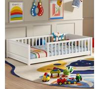PVWIIK Montessori Lit jumeau avec support de rangement intégré pour livres pour filles et garçons, lit simple avec garde-corps de sécurité pour filles, garçons, pas besoin de sommier tapissier, blanc
