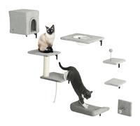 PwaHut Mur d'escalade pour chat - 7 pièces - Avec maison pour chat - Plateforme - Arbre à chat avec balle suspendue - Arbre à chat mural en peluche - Meubles pour chats jusqu'à 5 kg - Gris