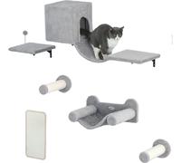 PwaHut Mur d'escalade pour chats 6 pièces Set mur d'escalade pour chats avec maison pour chats, hamac, plateforme, arbre à chat avec griffoir, arbre à chat mural en peluche, meuble pour chats jusqu'à