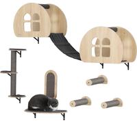 PwaHut Mur d'escalade pour chats 7 pièces Set mur d'escalade pour chats avec échelle en sisal, plateforme, arbre à chat avec griffoir, grotte, meuble pour chats jusqu'à 5 kg, gris+chêne