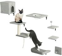 PwaHut Mur d'escalade pour chats 7 pièces Set mur d'escalade pour chats avec maison pour chats, plateforme, arbre à chat avec balle suspendue, arbre à chat mural en peluche, meuble pour chats jusqu'à 
