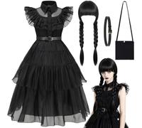 PWOKAO Costume de mercredi de luxe pour enfant - 7 pièces - Robe noire avec perruque, sac et chaussettes - Costume de mercredi pour enfant - Costume de carnaval - Cosplay - Tenue de fête