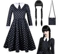 PWOKAO Costume de mercredi pour enfant - 6 pièces - Robe noire gothique avec perruque, sac et chaussettes - Costume du mercredi - Costume de carnaval pour fille - Costume de carnaval - Cosplay - Tenue