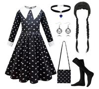 PWOKAO Lot de 6 costumes de mercredi gothique noir avec perruque, poche et chaussettes, costume pour enfants, carnaval, cosplay, fête, costume (L)