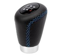 +PWR Car Parts Pommeau de levier de vitesse universel Modèle OEM Court II Simil Cuir noir avec surpiqûres bleues. Gâchette de 27 mm. Avec schémas de changement de vitesse interchangeables.