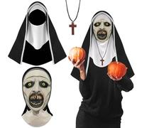 Pwsap 3Pcs Halloween Masque Effrayant de Terreur d'Halloween Respirant Horreur Crocs Maille Nonne avec Collier Croisé Cape Masque Religieuse Sorcière pour Carnaval Déguisement Costume fête Cosplay