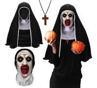 Pwsap 3Pcs Halloween Masque Effrayant de Terreur d'Halloween Respirant Horreur Maille Nonne avec Collier Croisé Cape Masque Religieuse Sorcière pour Carnaval Déguisement Costume fête Cosplay