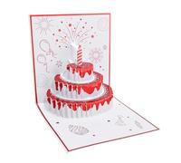 Pwshymi Carte D'anniversaire 3D, Gâteau, Feux D'artifice, étoiles, Ballons avec Enveloppe de Musique Légère pour Cadeau de Bricolage, Papier LR44 pour Fête D'anniversaire (Rouge)