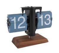 Pwshymi Horloge de Bureau Rabattable Rétro Mécanique, Horloge Rabattable Automatiquement pour Salon et Bureau, Bois en Acier Inoxydable, 12 Heures Alimentée par Batterie (Page Bleue Cadre Noir)