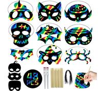 Pwtuuki Lot de 48 masques arc-en-ciel à gratter pour enfants, jeu de Pâques, papier à gratter, kit de bricolage, masque, cadeaux de Pâques, accessoires de fête d'anniversaire pour enfants