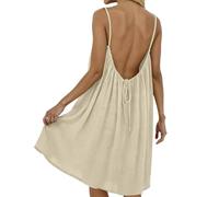 Pwzoax Backless Cami Dress for Women Linen Open Back House Lounge Loose Dresses Spaghetti Strap Summer Beach Flowy Sundress (Apricot,TTG)