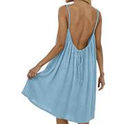 Pwzoax Backless Cami Dress for Women Linen Open Back House Lounge Loose Dresses Spaghetti Strap Summer Beach Flowy Sundress (Light Blue,3TG)