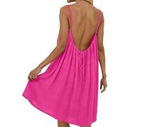 Pwzoax Backless Cami Dress for Women Linen Open Back House Lounge Loose Dresses Spaghetti Strap Summer Beach Flowy Sundress (Rose Red,TG)