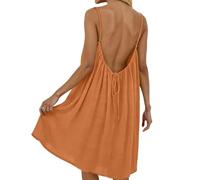 Pwzoax Backless Cami Dress for Women Linen Open Back House Lounge Loose Dresses Spaghetti Strap Summer Beach Flowy Sundress (Orange,Grand)